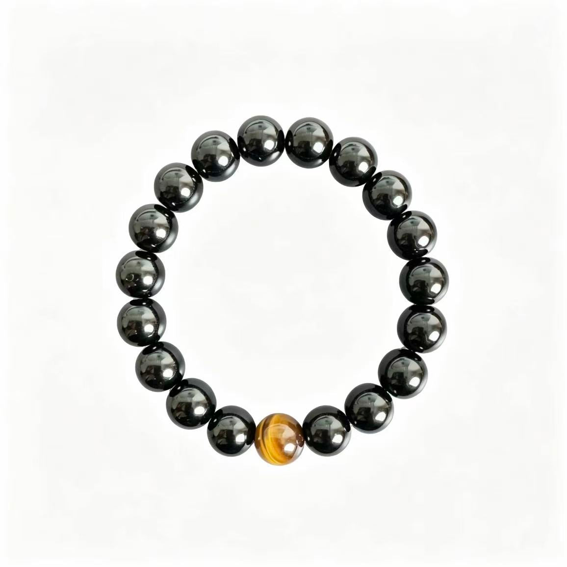 Natural Hematite Beaded Bracelet With Tiger's Eye Accent Bead, Unisex Chinese Style Gemstone Jewelry
