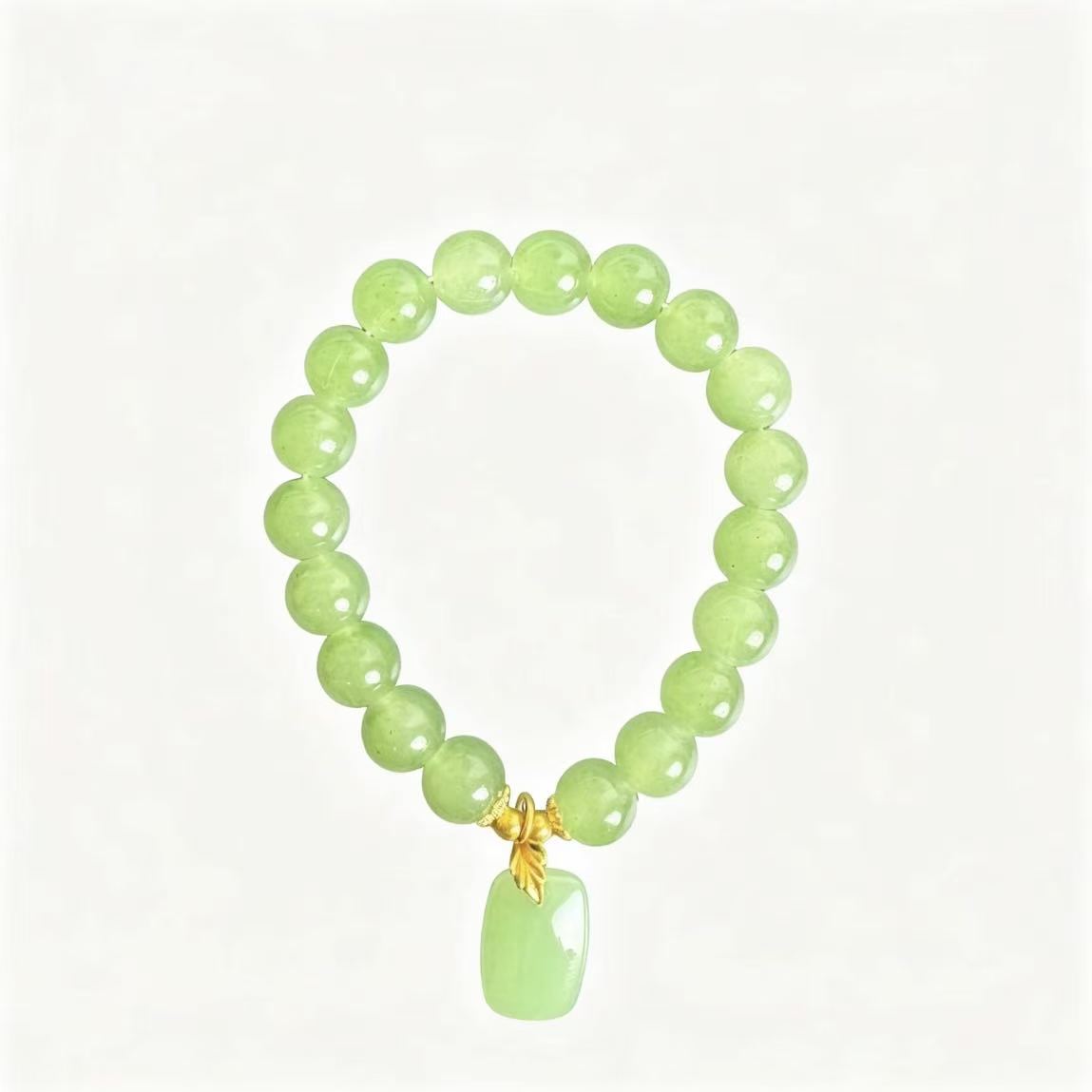 Natural Green Jade Beaded Bracelet, Square Safety Tag Charm Gold‑Tone Leaf Accent Chinese Style Bracelet