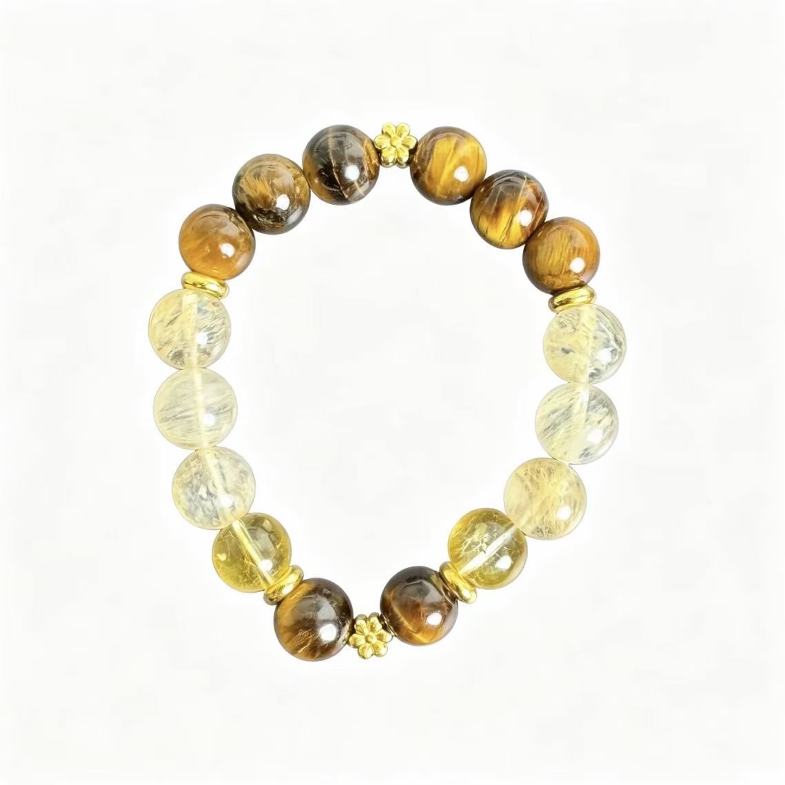 Natural Tiger's Eye & Golden Rutilated Quartz Beaded Bracelet, Gold‑Tone Flower Spacer Beads Chinese Style Jewelry