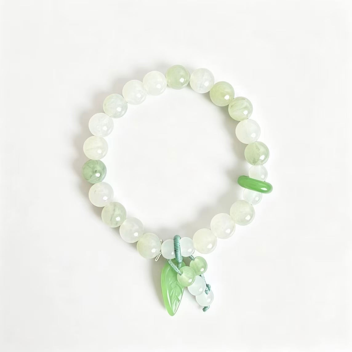 Natural Light Green Jadeite Beaded Bracelet, Carved Leaf Charm Pendant With Barrel Bead Accent, Chinese Style Jewelry