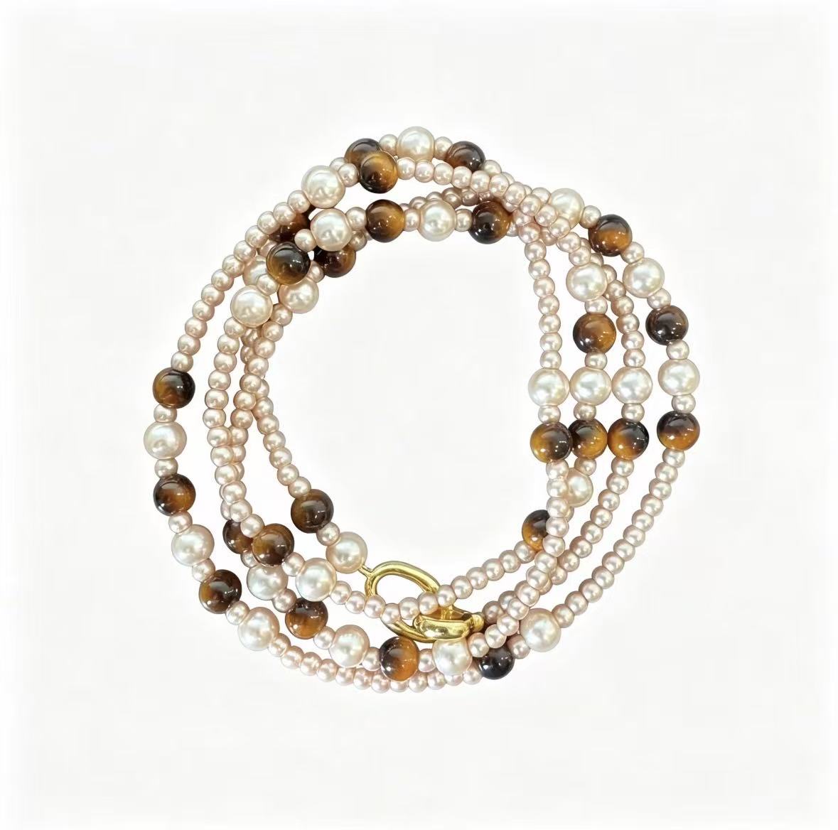 Tiger's Eye & Natural Pearl Multi‑Strand Necklace