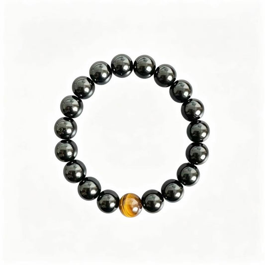 Natural Hematite Beaded Bracelet With Tiger's Eye Accent Bead, Unisex Chinese Style Gemstone Jewelry