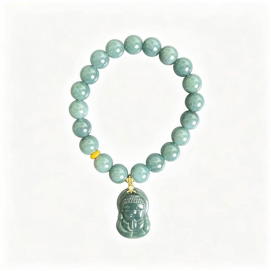Natural Blue‑Green Jadeite Beaded Bracelet, Buddha Charm Pendant Chinese Style Jewelry