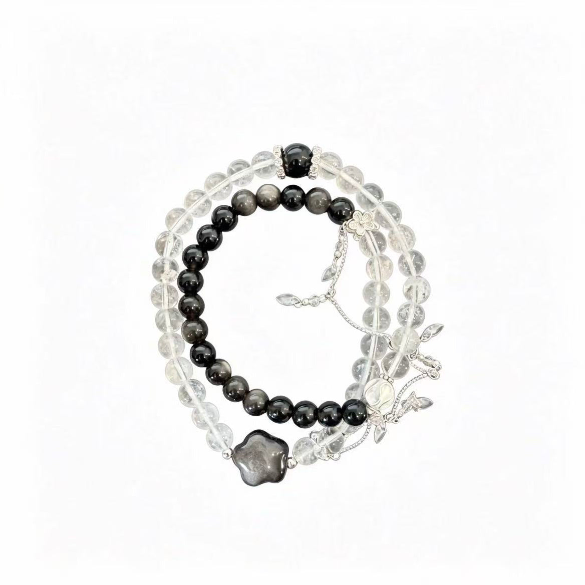 Obsidian & Clear Quartz Double‑Layer Bracelet
