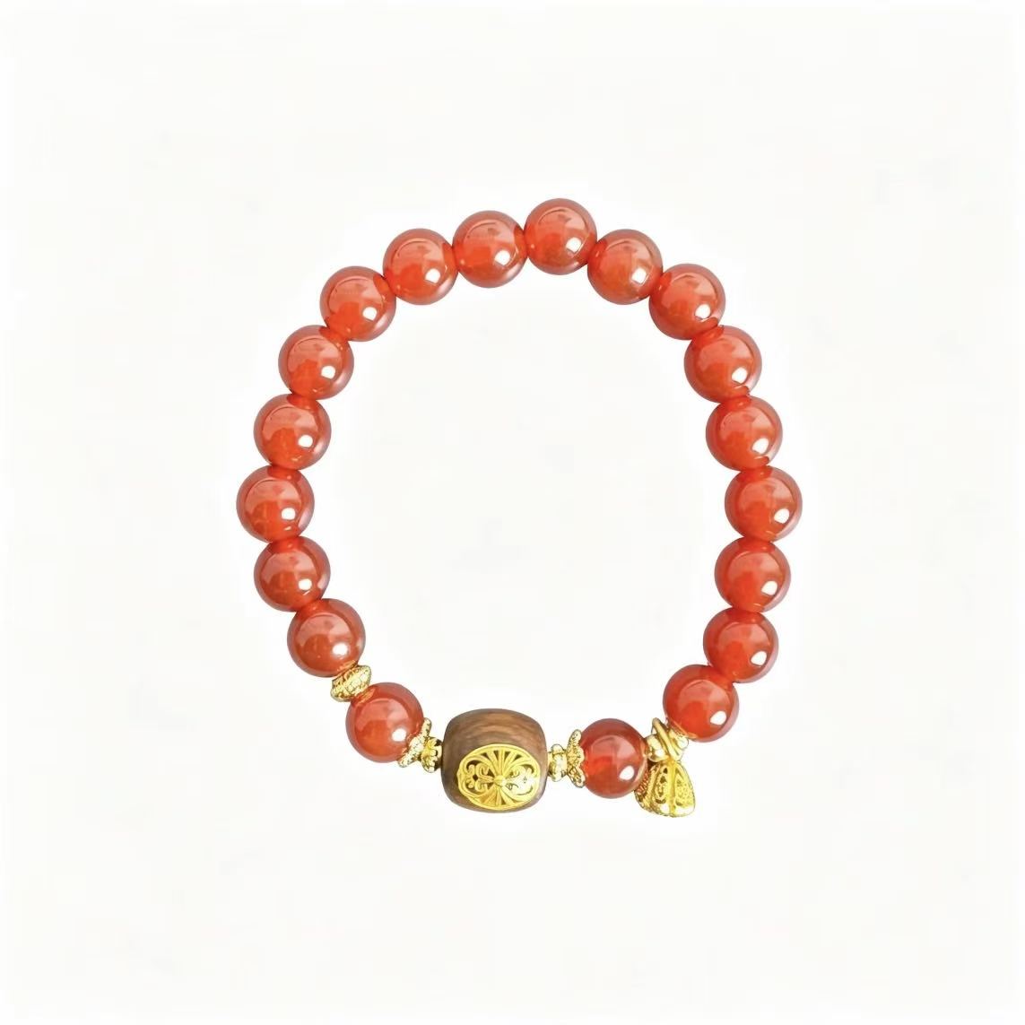 Natural Red Agate Beaded Bracelet, Wood Bead & Gold‑Tone Ornament Chinese Style Bracelet