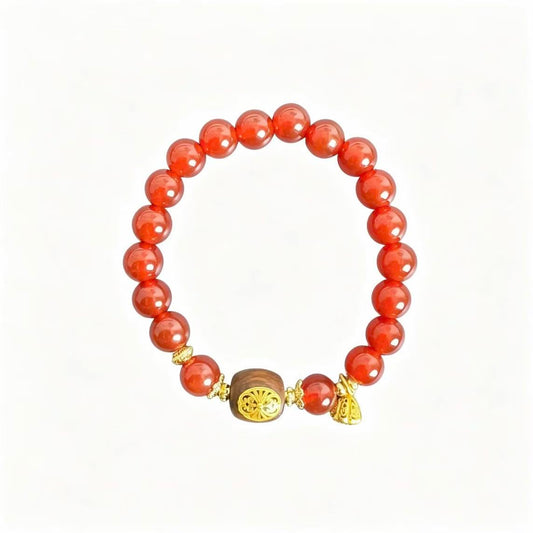 Natural Red Agate Beaded Bracelet, Wood Bead & Gold‑Tone Ornament Chinese Style Bracelet