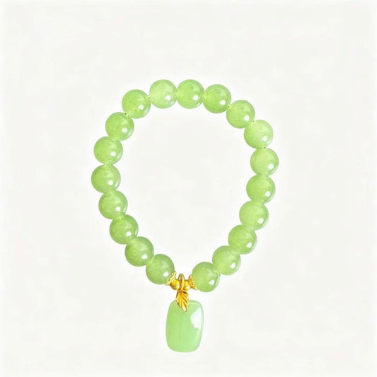 Natural Green Jade Beaded Bracelet, Square Safety Tag Charm Gold‑Tone Leaf Accent Chinese Style Bracelet