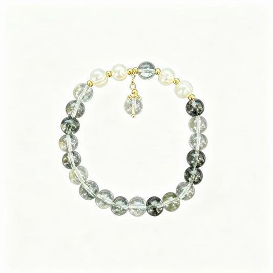 Natural Green Phantom Quartz Pearl Beaded Bracelet with Charm Pendant