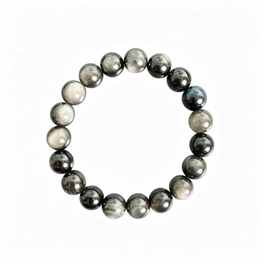 Natural Silver Sheen Obsidian Beaded Bracelet, Unisex Chinese Style Gemstone Jewelry