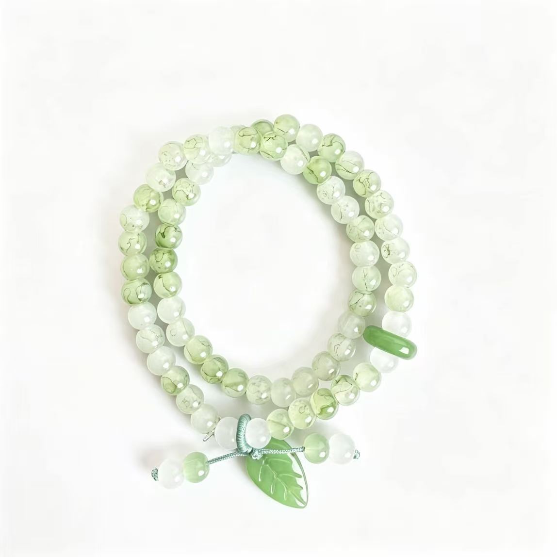 Natural Green Agate Multi‑Layer Beaded Bracelet, Carved Leaf Charm Pendant Chinese Style Jewelry