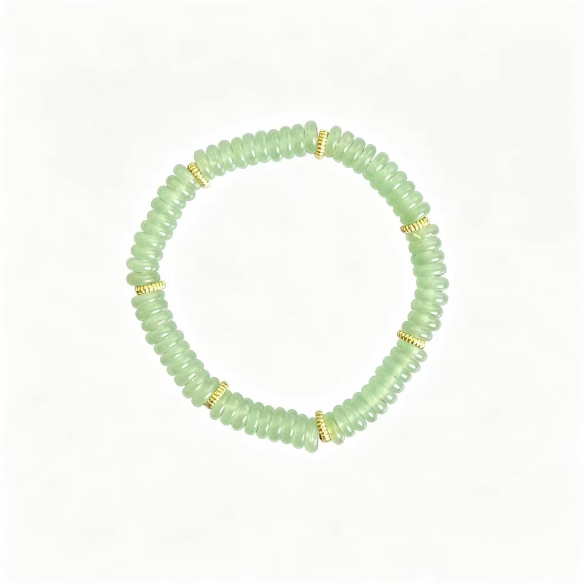 Natural Green Jade Disc Beaded Bracelet, Gold‑Tone Spacer Beads Chinese Style Jewelry