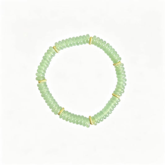 Natural Green Jade Disc Beaded Bracelet, Gold‑Tone Spacer Beads Chinese Style Jewelry