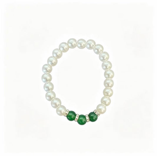 Elastic Natural Pearl & Green Jade Bracelet