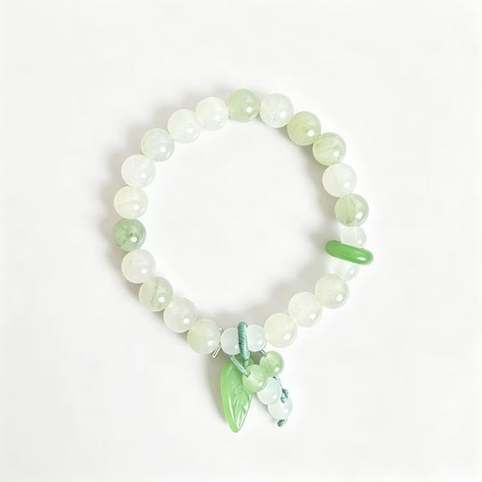 Natural Light Green Jadeite Beaded Bracelet, Carved Leaf Charm Pendant With Barrel Bead Accent, Chinese Style Jewelry