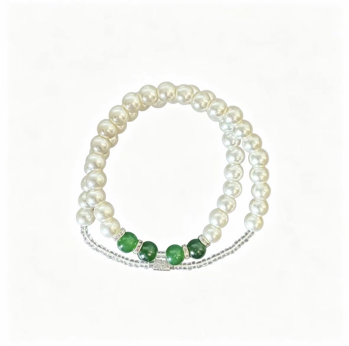Single‑Strand Natural Pearl & Green Jade Beaded Necklace