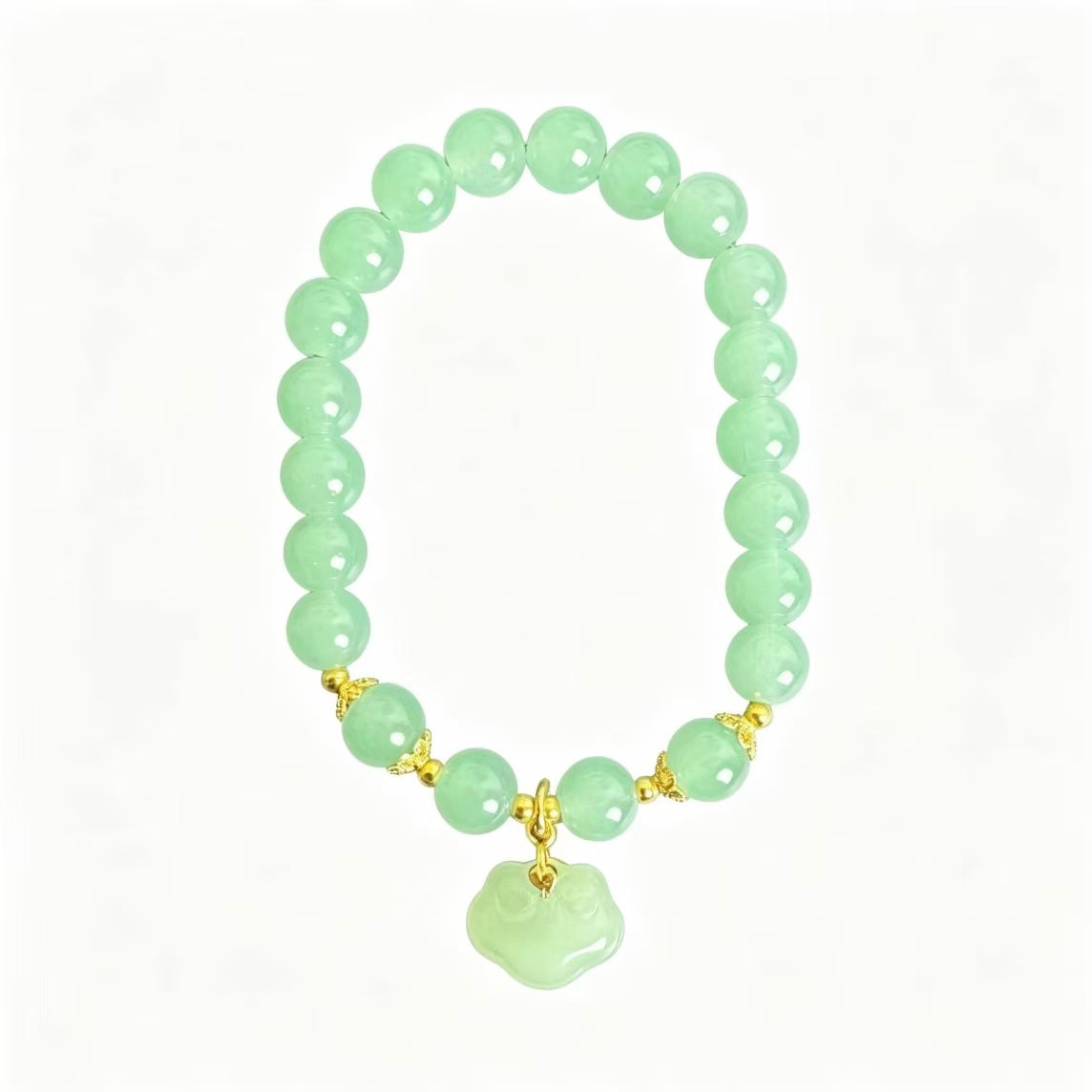Natural Green Jadeite Beaded Bracelet With Ruyi Lock Charm, Gold‑Tone Accents, Chinese Style Jewelry